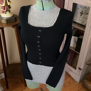 Vintage Y2K Ribbed Square Neck Hook & Eye Crop Long Sleeve